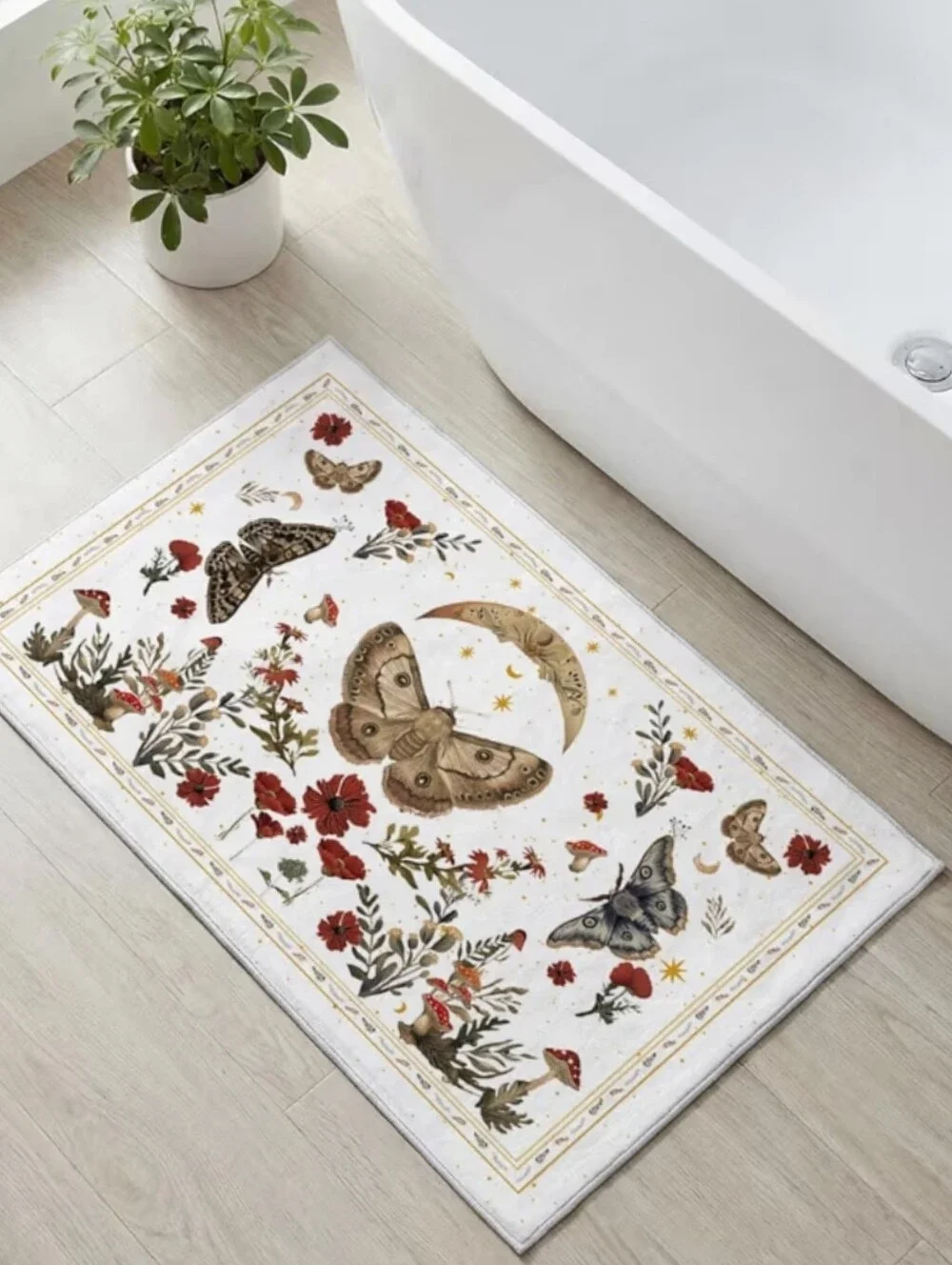 NWT 2'x3' Poppy Mushroom Moth Bath Mat Door Mat Non-Slip In White/Burgundy